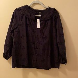 JCrew Med Black Eyelet loose fitting button up blouse mew w/ tags